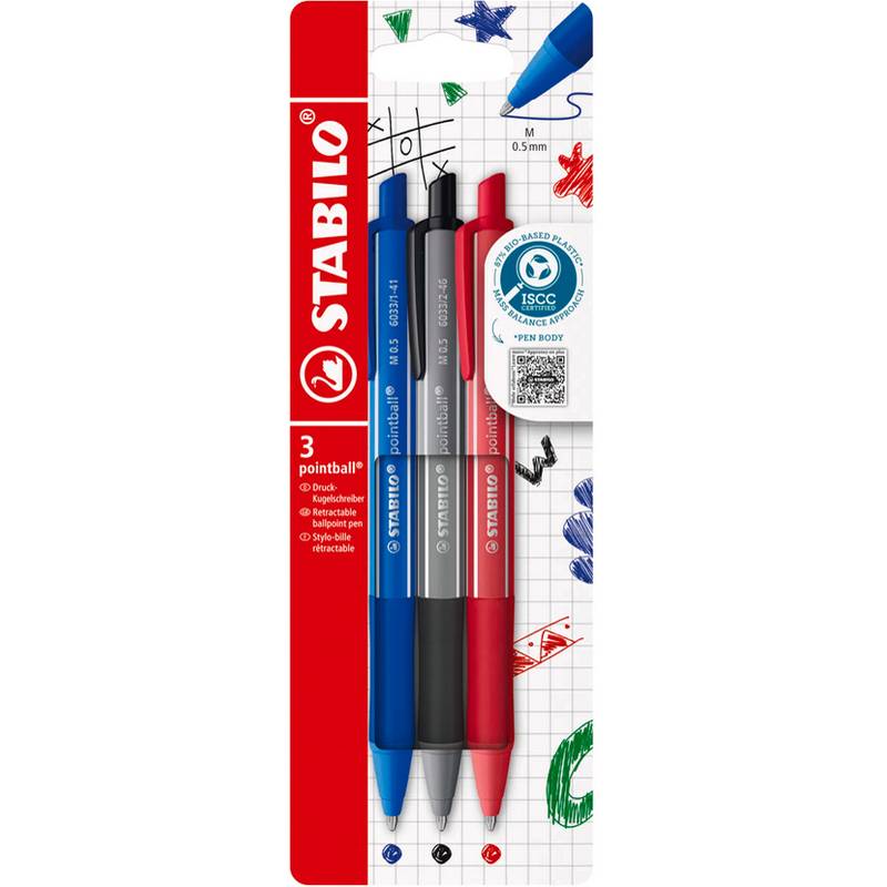 Stabilo-Dreierpack mit einfahrbaren Kugelschreibern in Blau, Schwarz und Rot mit 0,5mm-Spitzen.