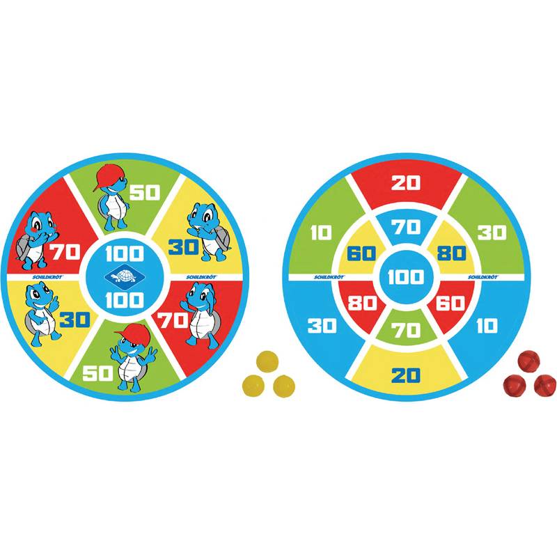 Zwei kreisförmige Zielscheiben mit Punktbereichen von 20 bis 100, verziert mit Illustrationen blauer Cartoon-Figuren. Inklusive roter und gelber Bälle.