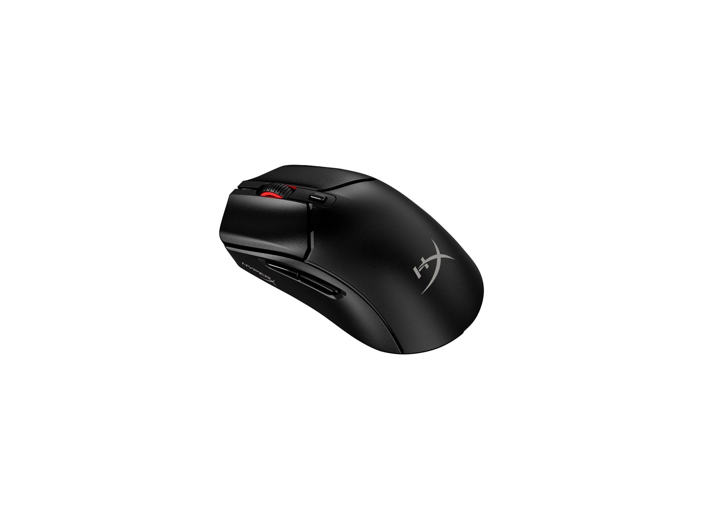 Eine schwarze kabellose Gaming-Maus mit einem roten Scrollrad und dem HyperX-Logo auf der Seite.