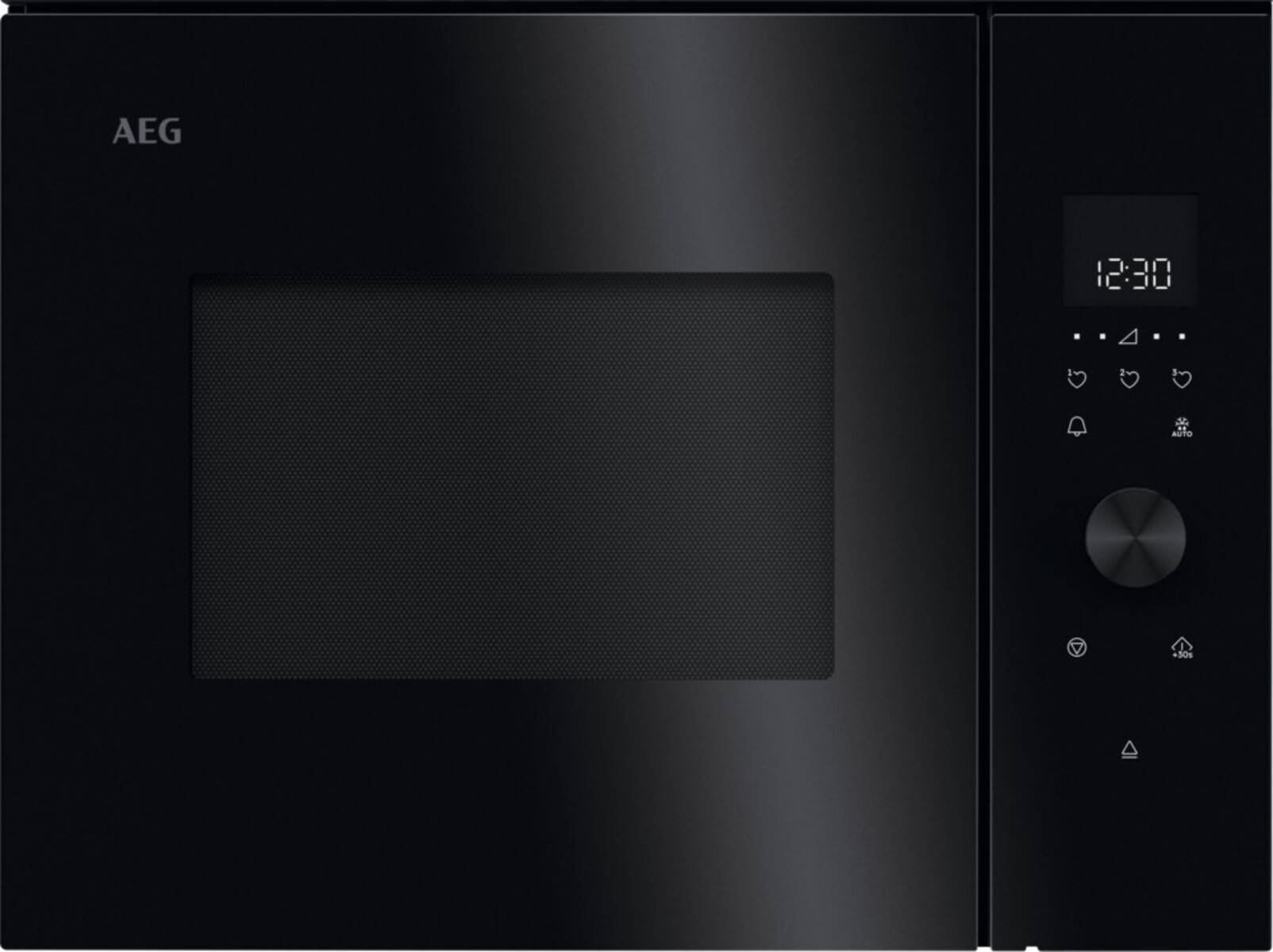 Nahaufnahme eines schwarzen Mikrowellengeräts mit einem digitalen Bedienfeld und einer Tür mit Sichtfenster.