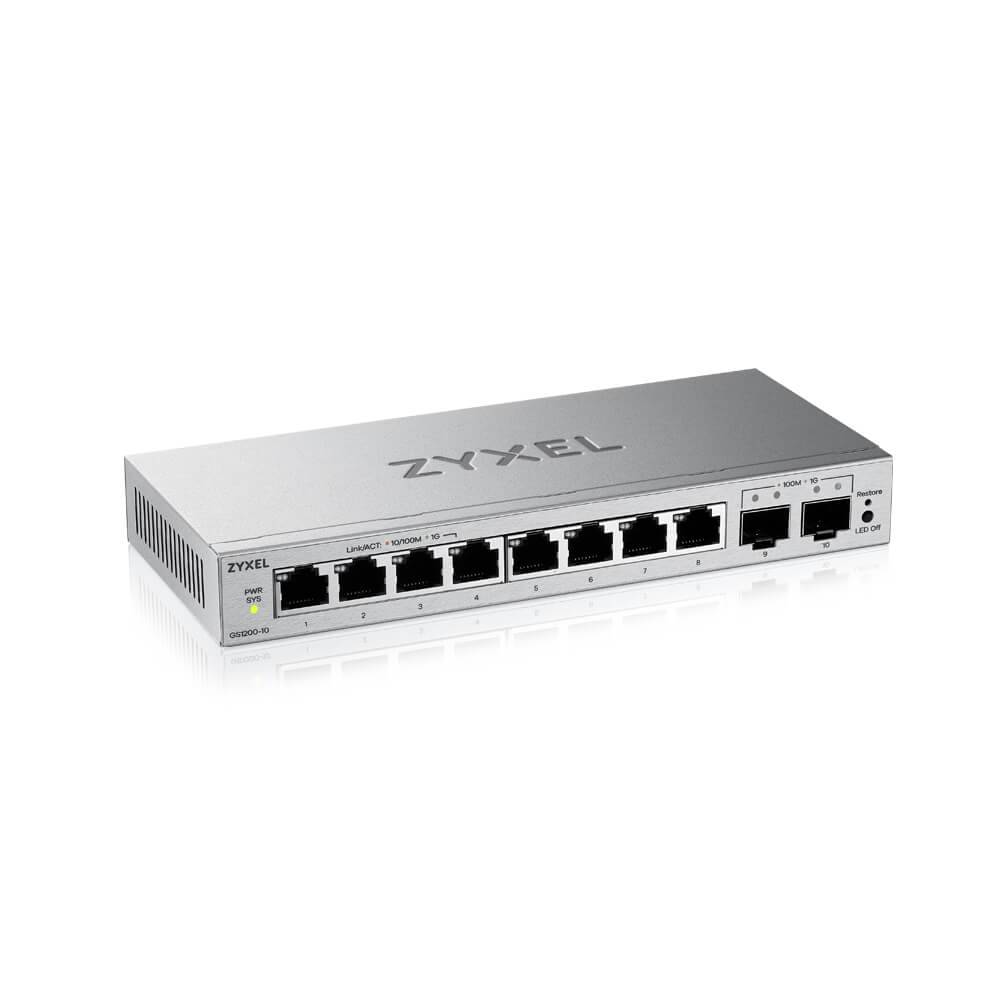 Zyxel Ethernet-Switch mit mehreren LAN-Anschlüssen und Status-LEDs auf weißem Hintergrund.