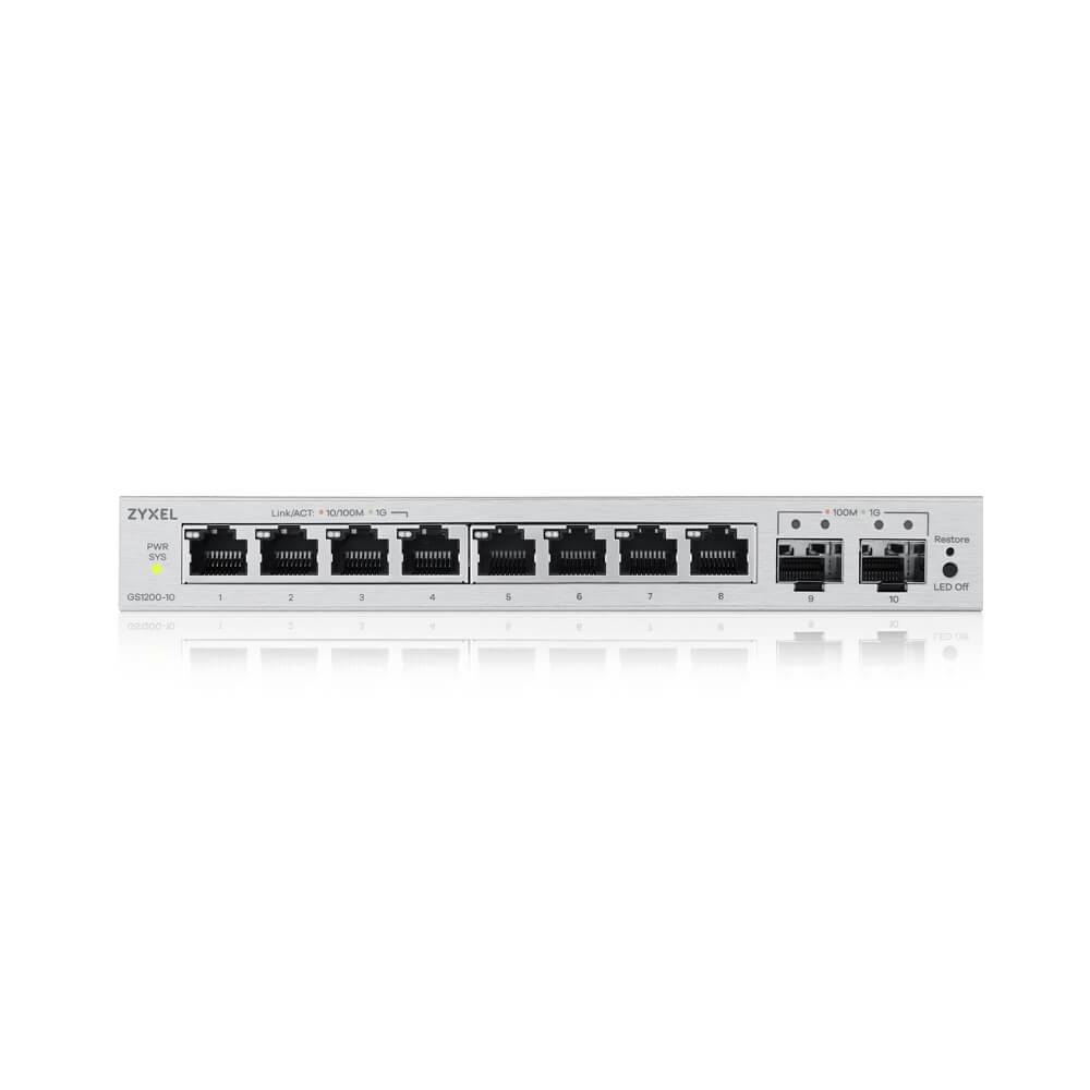 Vorderansicht eines Zyxel-Netzwerk-Switches mit acht Ethernet-Ports und zwei SFP-Uplink-Ports sowie Strom- und LED-Statusindikatoren.