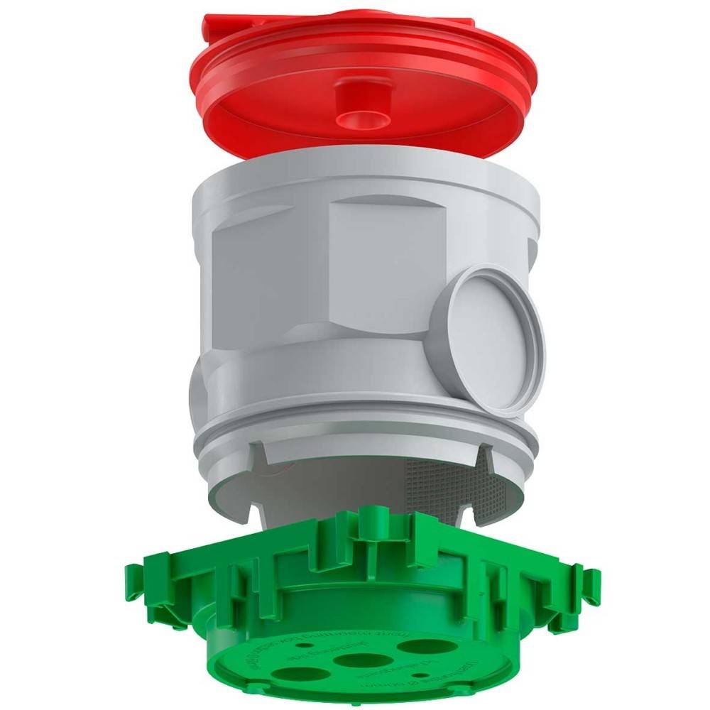 Explosionszeichnung einer zylindrischen mechanischen Komponente mit roten, grauen und grünen Teilen, die vertikal gestapelt sind und die Montage veranschaulichen.