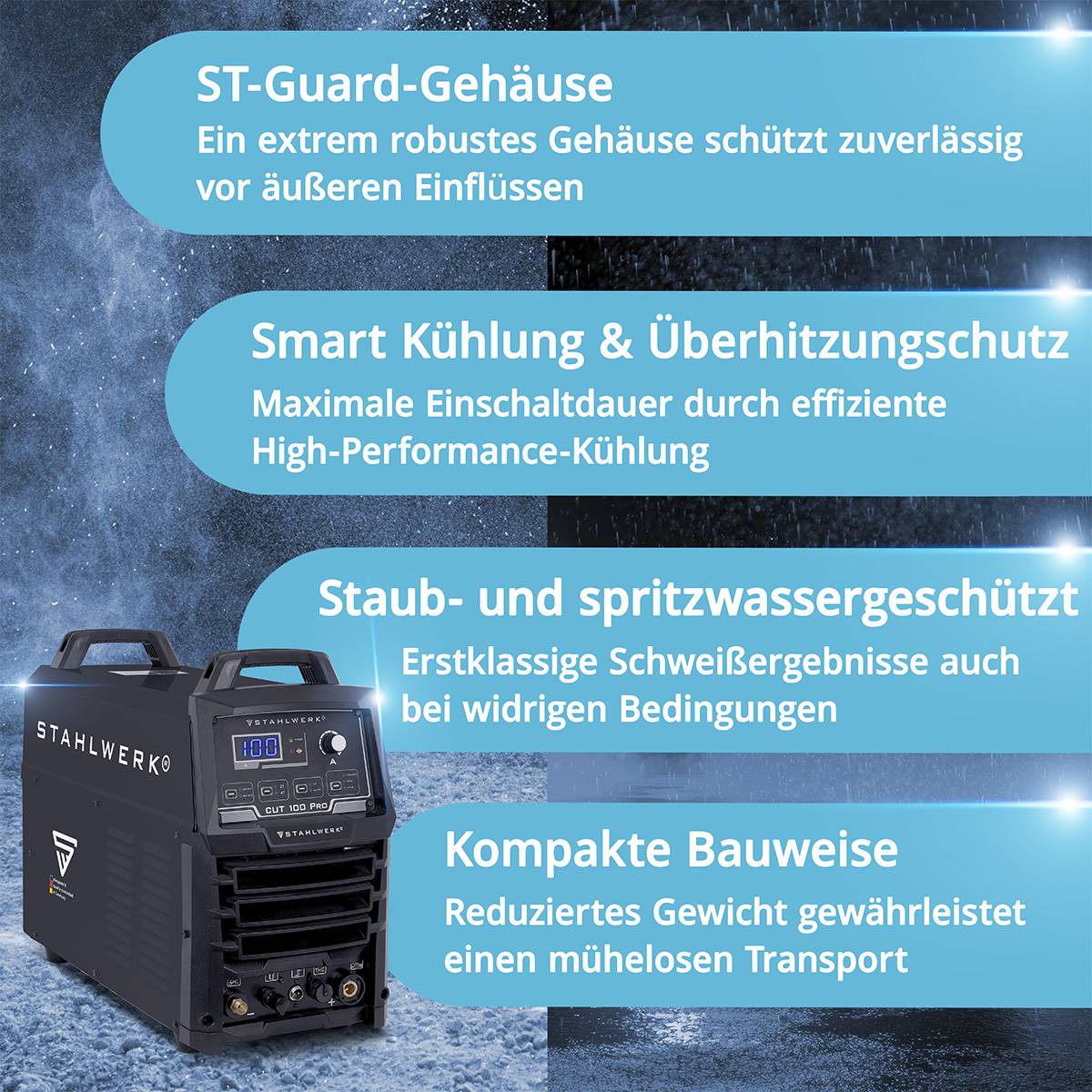 Eine Schweißmaschine mit Etiketten, die ihr Schutzgehäuse, intelligentes Kühlsystem, Wasserbeständigkeit und kompaktes Design für einfachen Transport hervorheben.