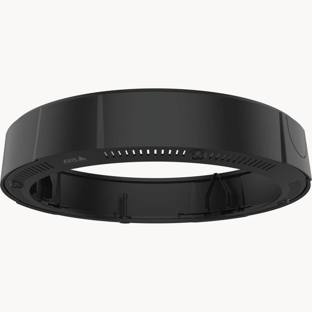 Ein schwarzer, kreisförmiger Deckenmontagehalter, von unten betrachtet, entwickelt zur Befestigung und Positionierung von Geräten wie Kameras oder Sensoren.
