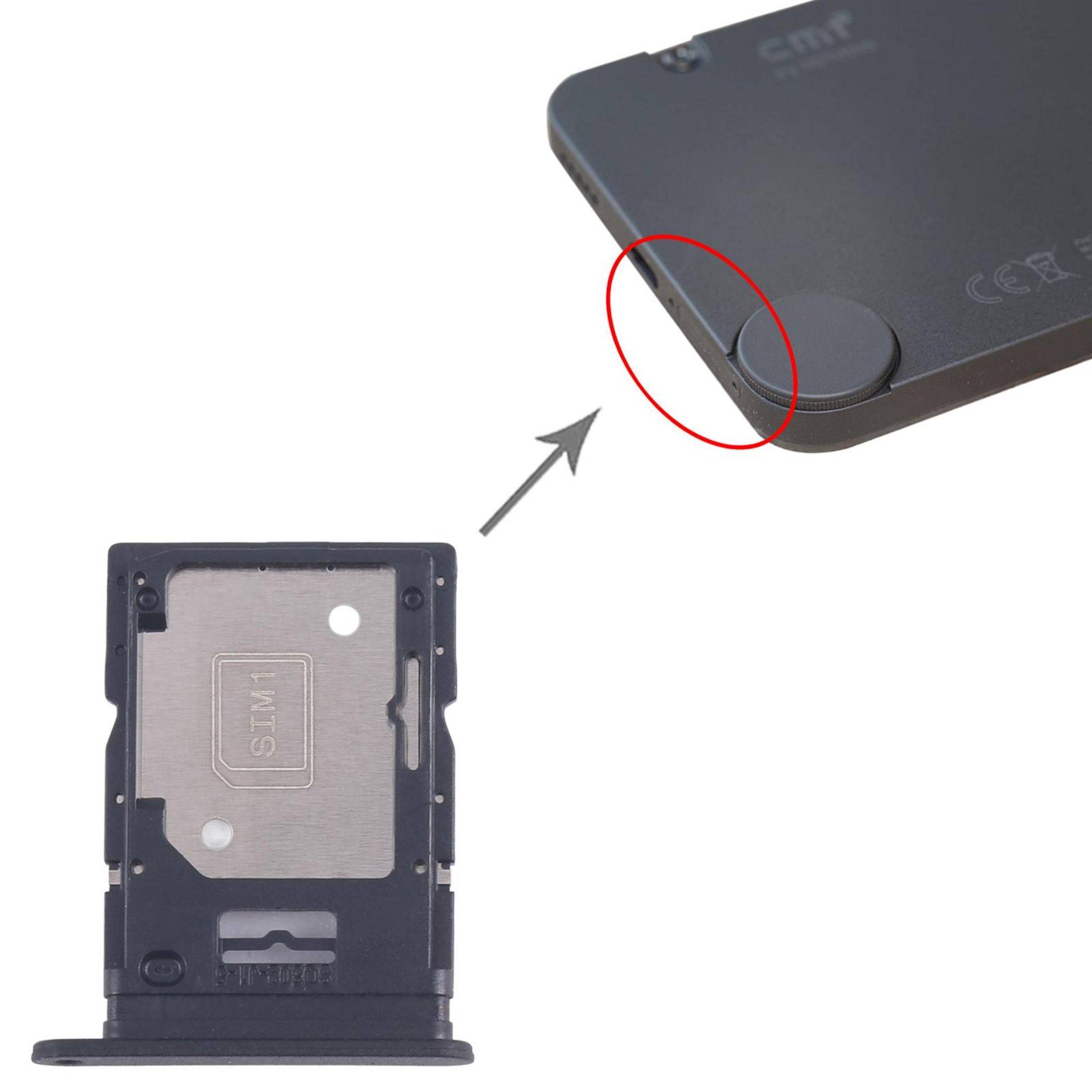 Nahaufnahme einer Laptop-Ecke mit einer kreisförmigen Öffnung. Ein Pfeil zeigt auf einen schwarzen SIM-Kartenhalter und markiert dessen Einbauposition.