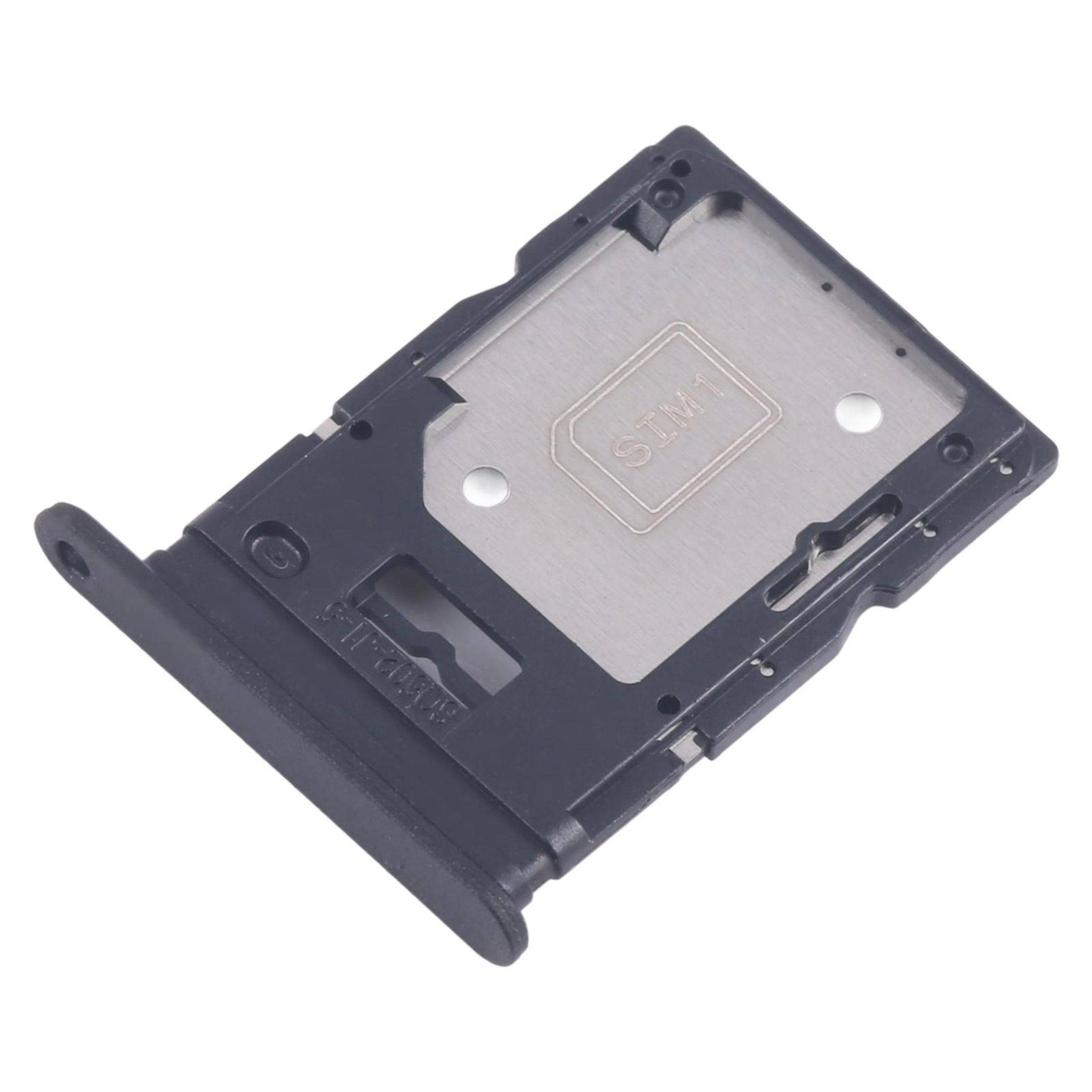 Eine schwarze und graue SIM-Kartenschublade mit Steckplätzen zum Einsetzen von SIM- und microSD-Karten, die für Mobiltelefone und Tablets verwendet wird.