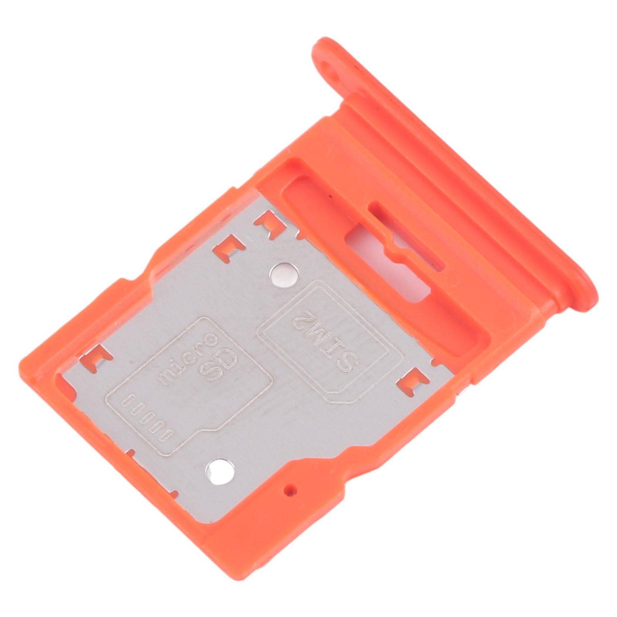 Orange Plastik-SIM- und microSD-Kartenhalter, entwickelt, um beide Kartentypen sicher für die Einführung in ein kompatibles Gerät zu halten.