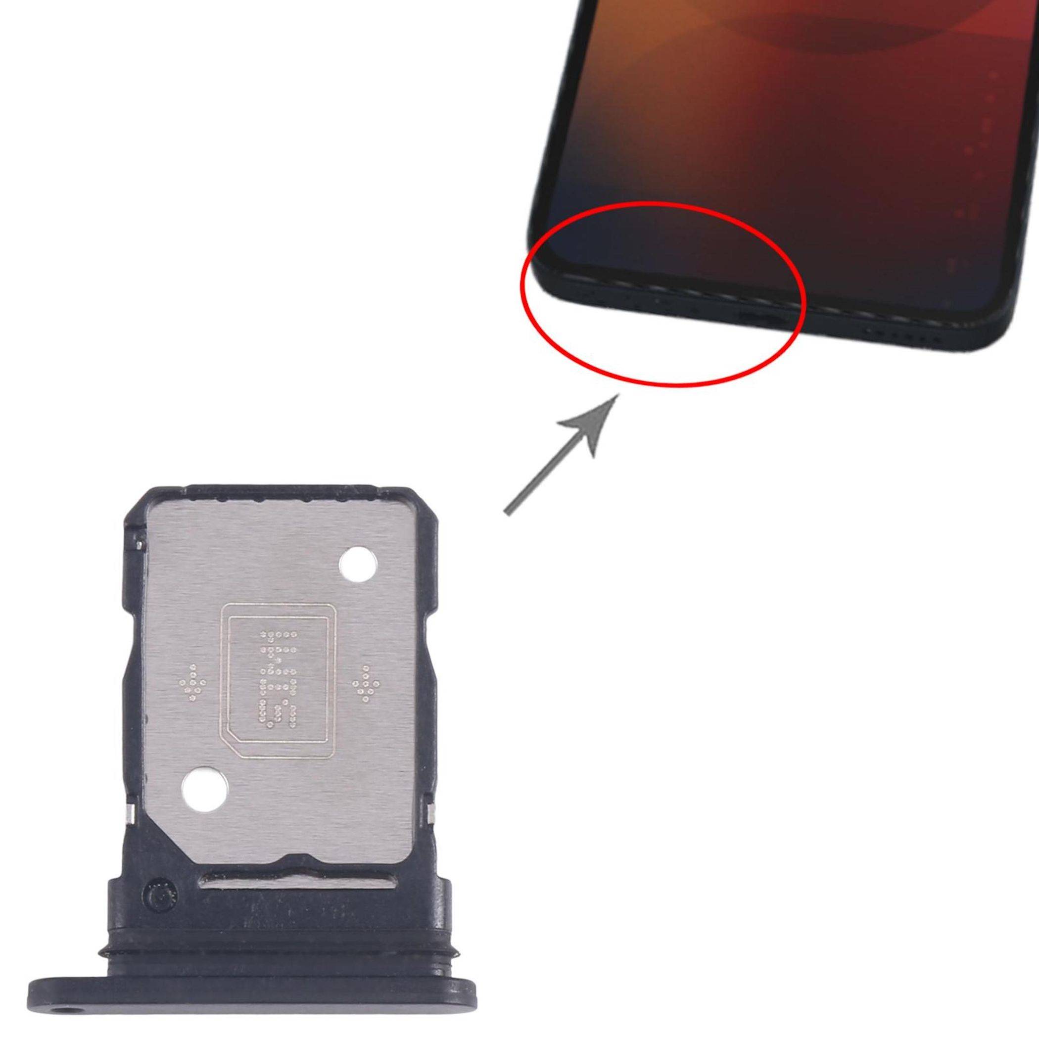 Ein beschädigter Smartphone-Bildschirm mit einem umkreisten Riss. Ein Nahaufnahmefoto eines Ersatz-SIM-Kartenfachs ist unten abgebildet.