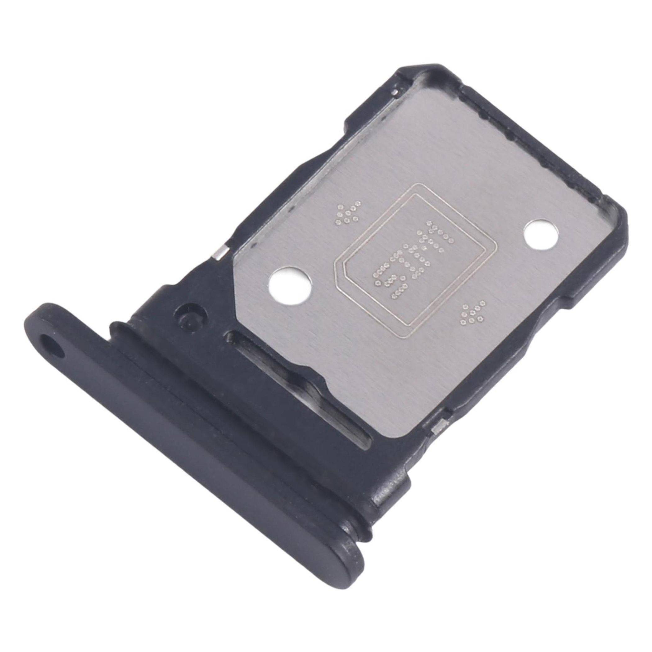 Eine Metall- und Kunststoff-SIM-Kartenhalter-Auswurföffnung für ein mobiles Gerät, von einem Winkel aus gezeigt.