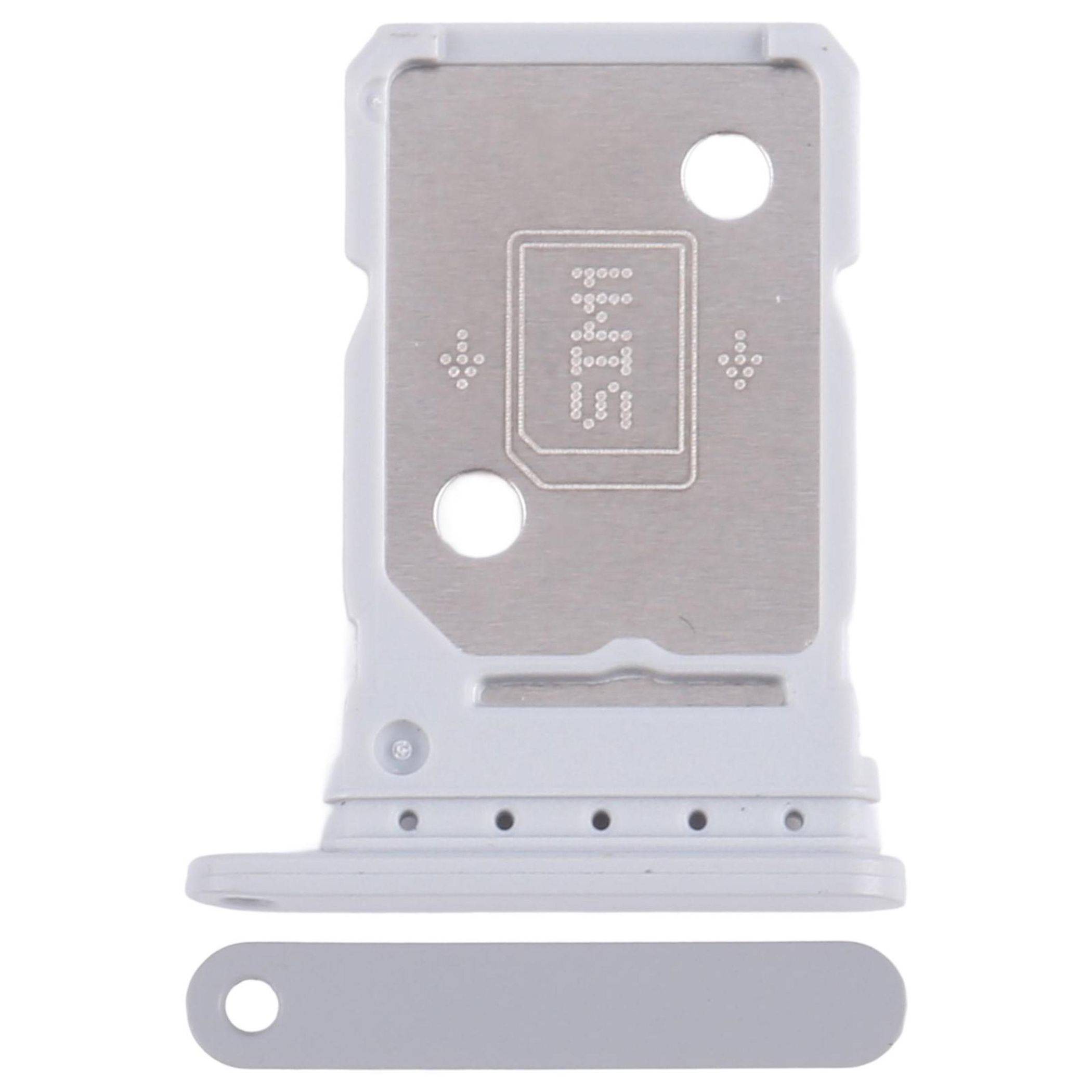 Ein weißer Metallhalter für eine SIM-Karte eines elektronischen Geräts, vertikal dargestellt, wobei die Auswurföffnung und der SIM-Kartenschacht sichtbar sind.