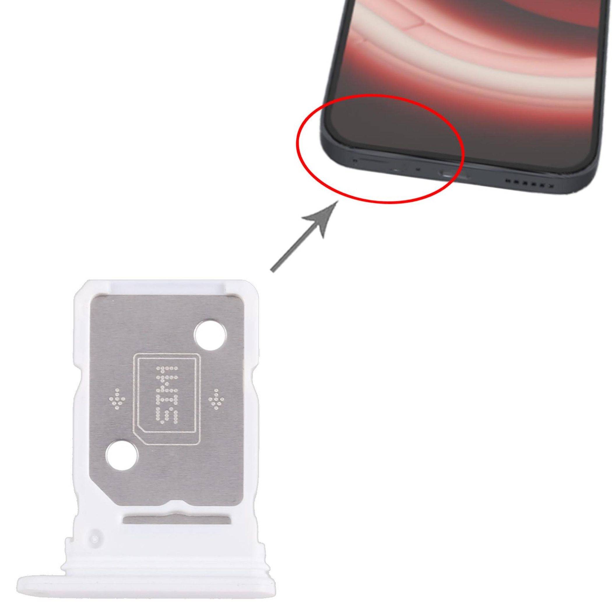 Ein Diagramm, das einen SIM-Kartenschacht neben einem Smartphone zeigt und veranschaulicht, wie der Schacht in den Einschub des Telefons passt.