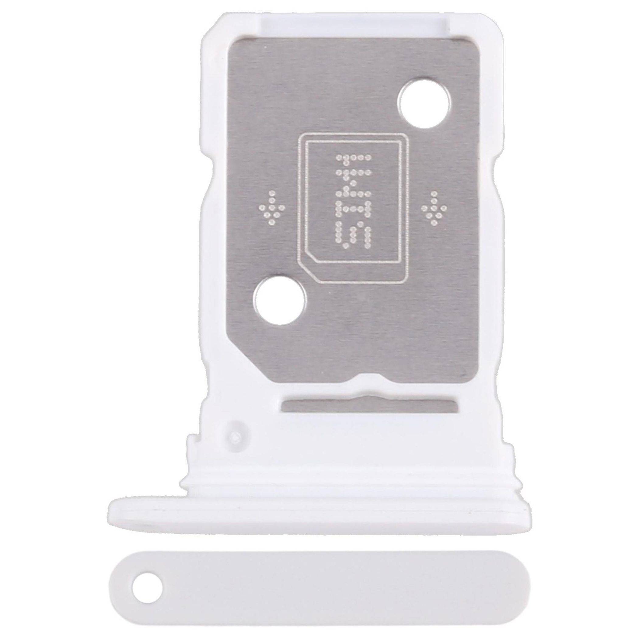 Micro-SIM-Kartenadapter-Set, das einen weißen Kunststoffrahmen und einen Einschub zum Umwandeln einer Micro-SIM-Karte für die Verwendung in Geräten mit größeren Steckplätzen umfasst.