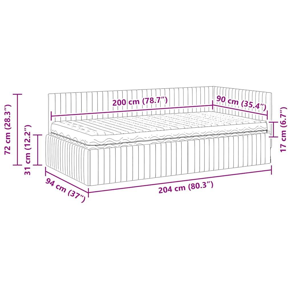 Tagesbett-Maße: 200 cm (Länge) x 90 cm (Tiefe); Höhe vom Boden bis zur Oberkante 72 cm. Matratzengröße: 204 cm x 94 cm.
