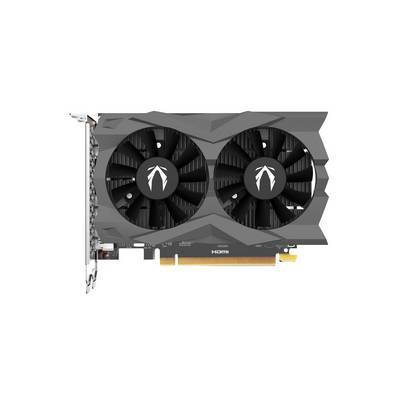 Eine Grafikkarte mit zwei großen Kühlventilatoren und einem grauen Gehäuse. Sie verfügt über einen PCIe-Anschluss am Boden und einen Metallhalterungsrahmen an der Seite.