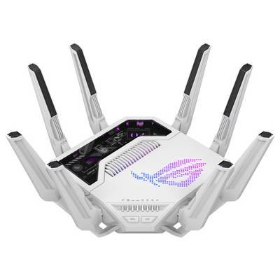 Ein weißer, futuristisch aussehender WLAN-Router mit mehreren Antennen und LED-Leuchten, auf dem das Logo einer Technologiemarke auf der Oberseite angebracht ist.