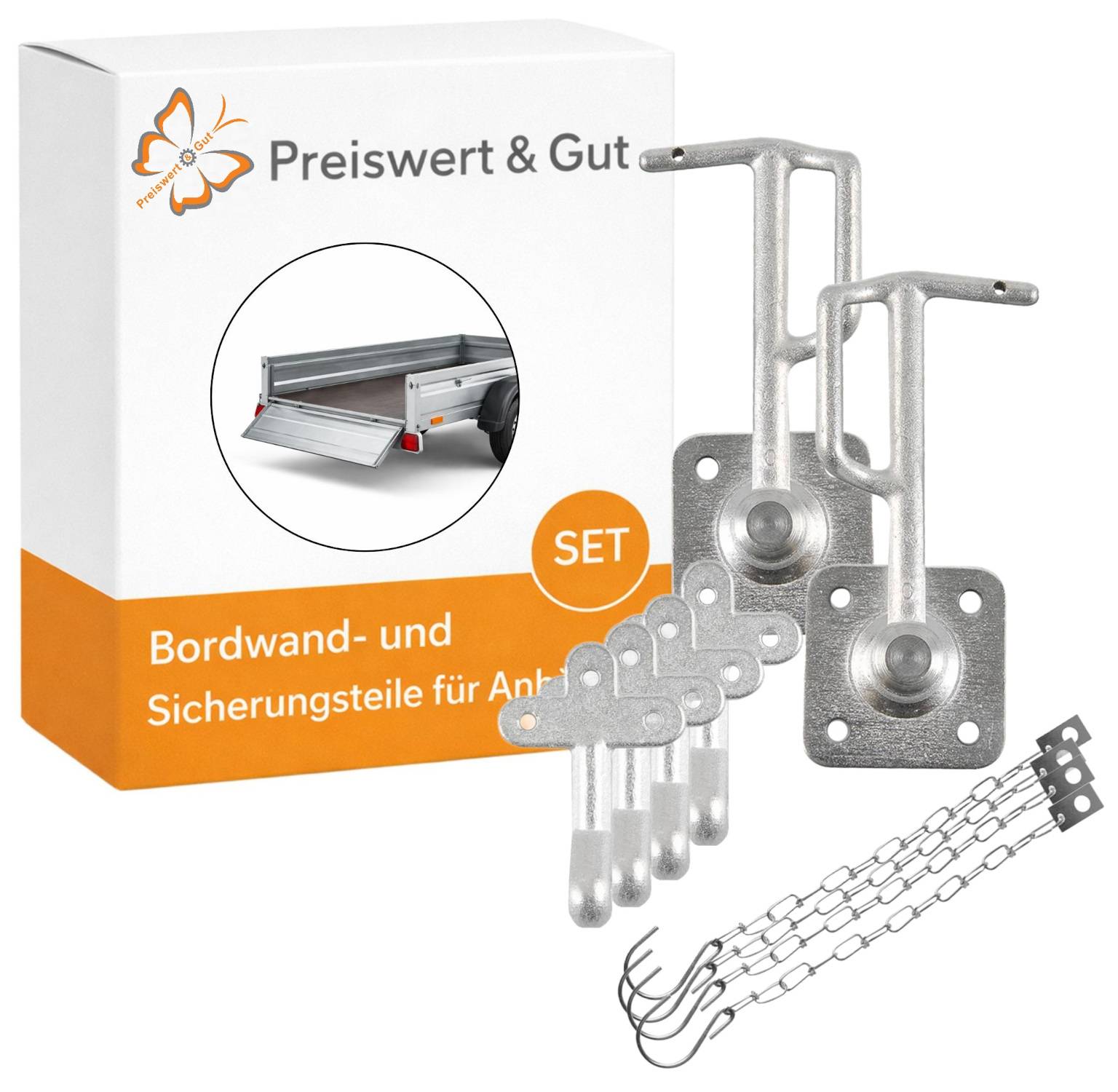 Preiswert & Gut' Zubehör-Set mit Schloss, bestehend aus zwei Haken-Mechanismen, Ketten und einer Metallhalterung.