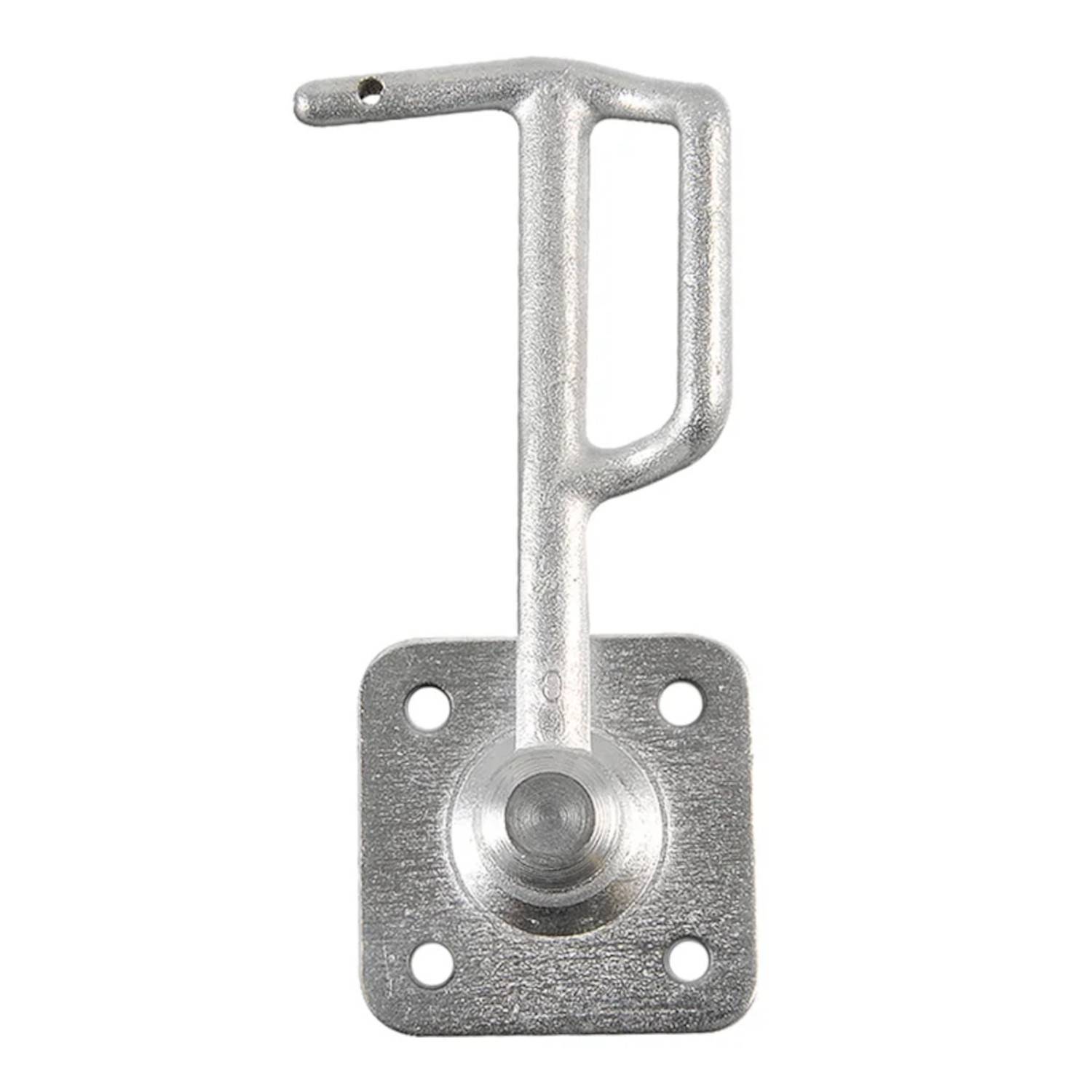 Metallischer Türriegel mit Griff, verwendet zum Sichern von Türen. Verfügt über eine quadratische Grundplatte mit vier Bohrlöchern zur Befestigung.