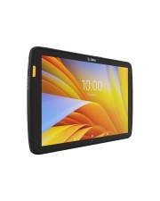 Schwarzes Tablet in einer robusten Schutzhülle in schräger Ansicht, auf dem ein farbenfroher abstrakter Bildschirm mit 
