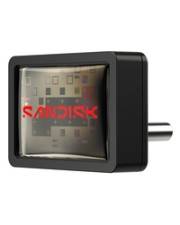 Ein SanDisk USB-Laufwerk mit transparentem Gehäuse, das die internen Mikrochips und Komponenten sichtbar macht und sein kompaktes Design hervorhebt.