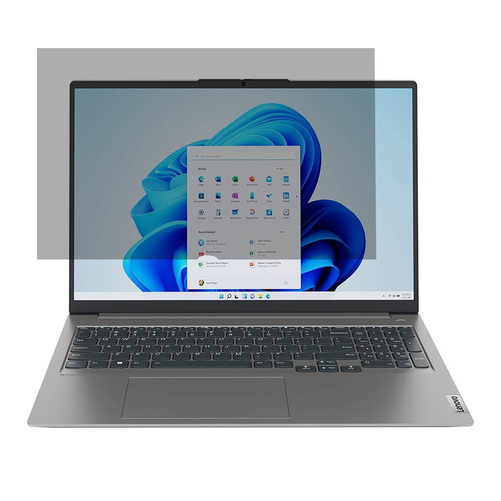 Ein Laptop mit einem großen Bildschirm, der die Windows-Benutzeroberfläche anzeigt, mit verschiedenen App-Symbolen einschließlich eines Browsers und E-Mail auf einem blauen abstrakten Hintergrund.