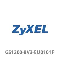 ZyXEL' Logo in Blau über dem Produktmodellcode 'GS1200-8V3-EU0101F' in Grau.