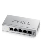 Ein silberner Zyxel-Netzwerk-Switch mit fünf Ethernet-Anschlüssen, einem Stromeingang und LED-Indikatoren, der zum Verbinden mehrerer Geräte ausgelegt ist.