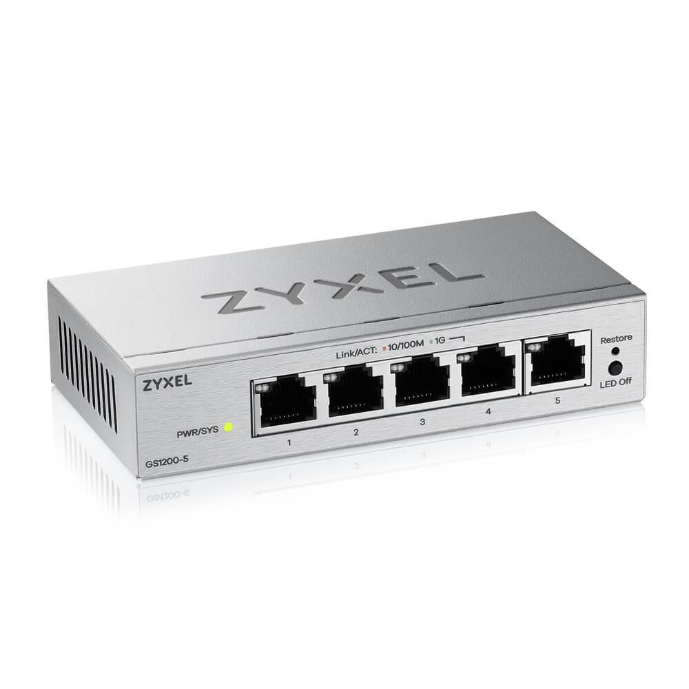 Zyxel 5-Port-Ethernet-Netzwerk-Switch mit Statusleuchten, fünf RJ45-Anschlüssen und Zurücksetzen-/LED-Aus-Tasten auf der Vorderseite.
