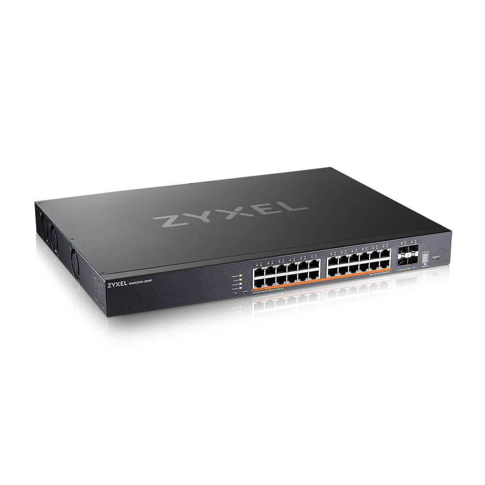 Zyxel Rack-Ethernet-Netzwerkschalter mit mehreren nach vorne gerichteten Anschlüssen auf weißem Hintergrund.