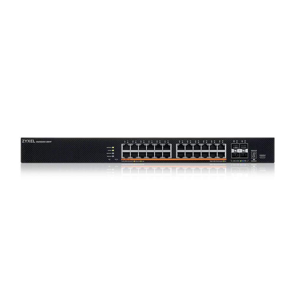 Vorderansicht eines Zyxel-Netzwerk-Switches mit mehreren Ethernet-Anschlüssen und Statusleuchten auf einem schwarzen Rack-Mount-Gerät.