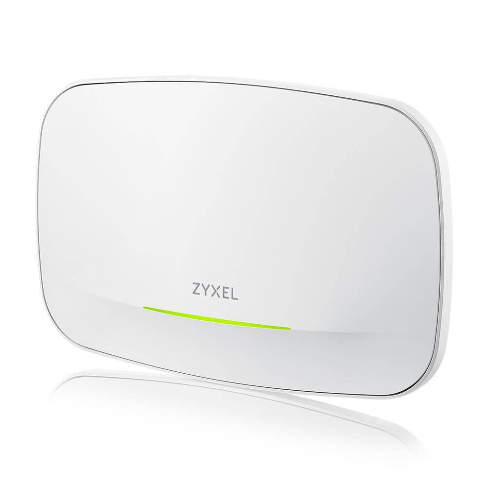 Weißer Zyxel-WLAN-Router oder Access Point mit schlankem grünem Statuslicht auf weißem Hintergrund.