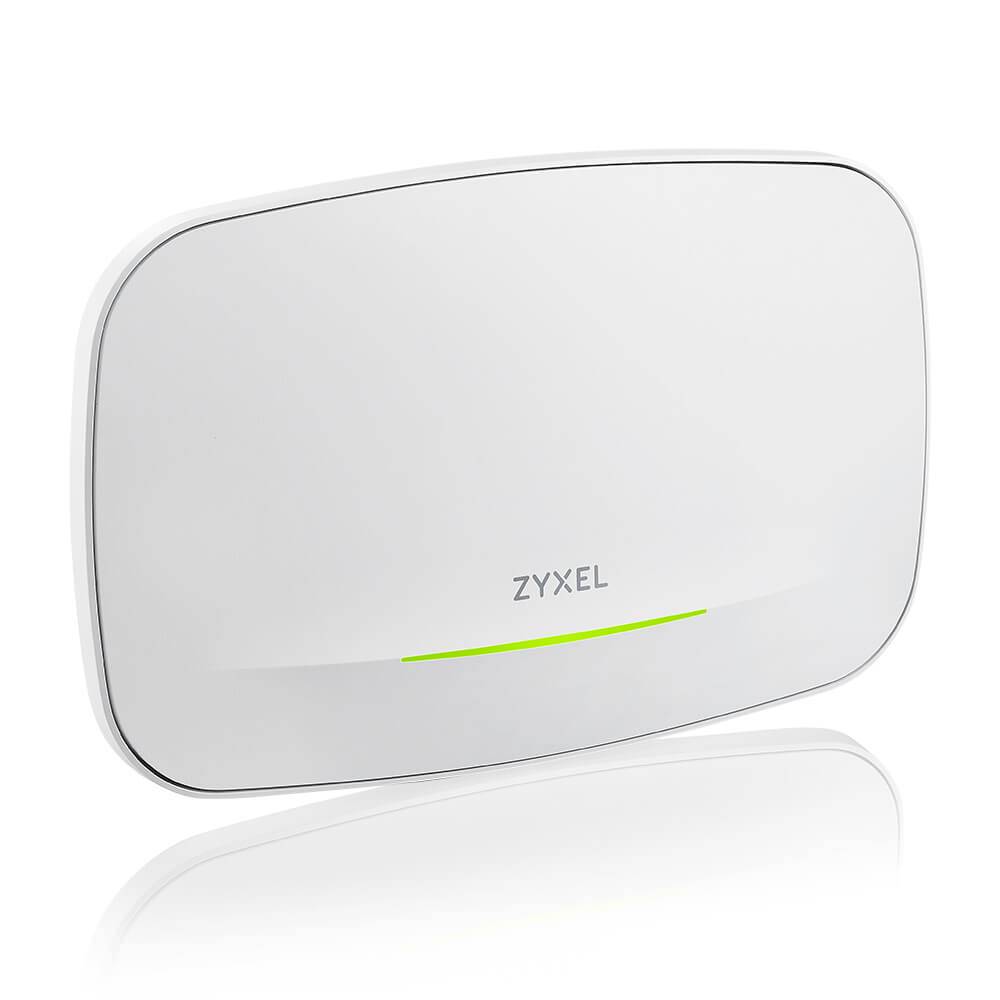 Weißer Zyxel Wireless-Router oder Access Point mit dünnem grünem Statuslicht auf einfachem Hintergrund