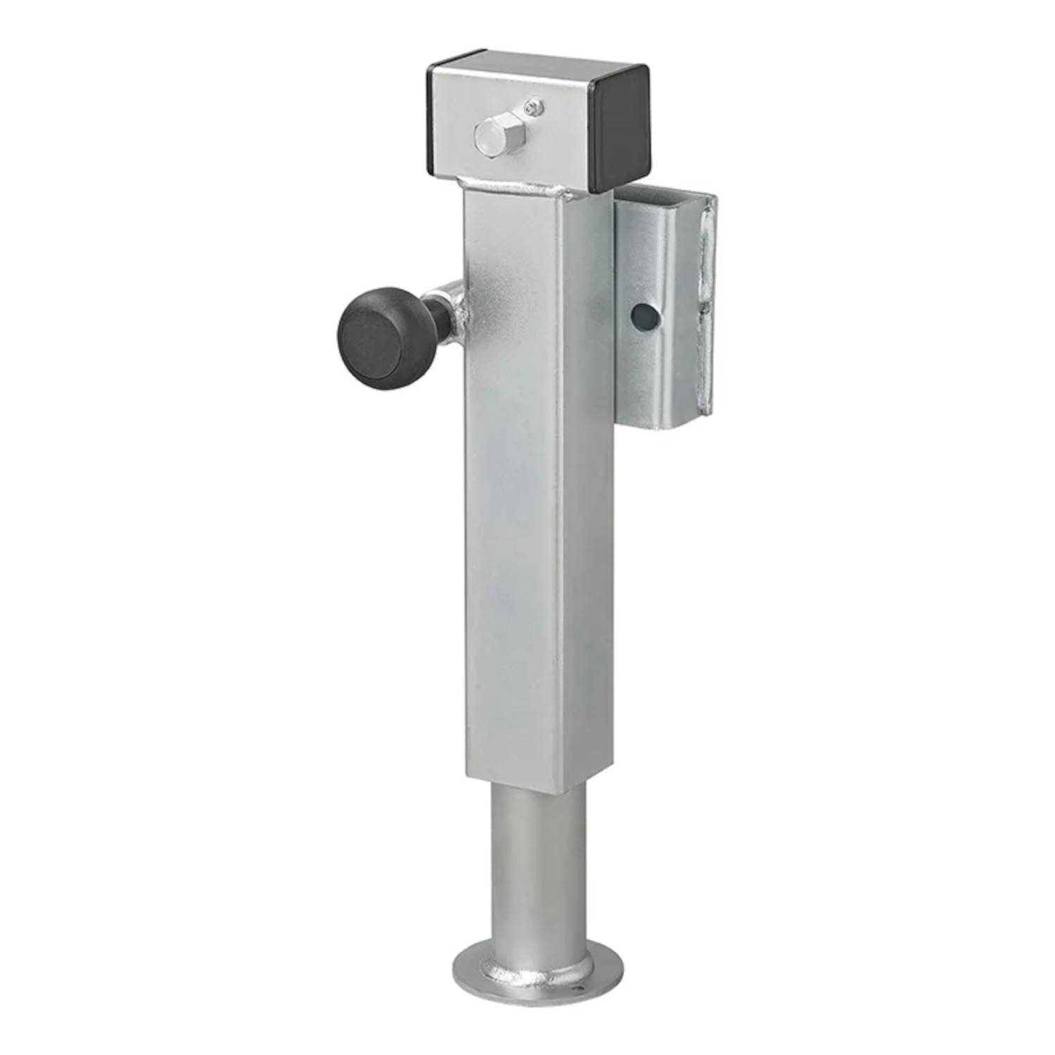 Ein verstellbares teleskopisches Stützbein mit quadratischer Stahlbasis, verwendet zur Stabilisierung von Lasten. Enthält einen runden Knopf zur Sicherung der Position.