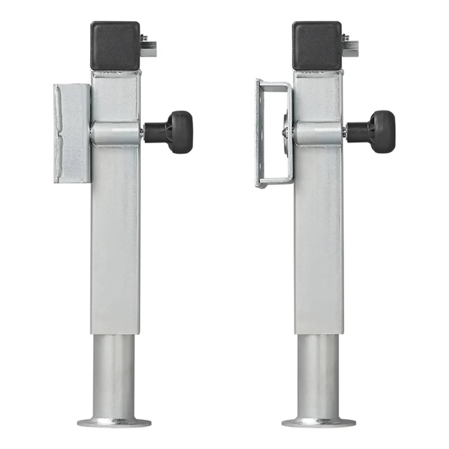 Zwei Anhänger-Rangierhilfen aus Metall mit schwarzen Griffen, die sowohl Vorder- als auch Seitenansichten zeigen.