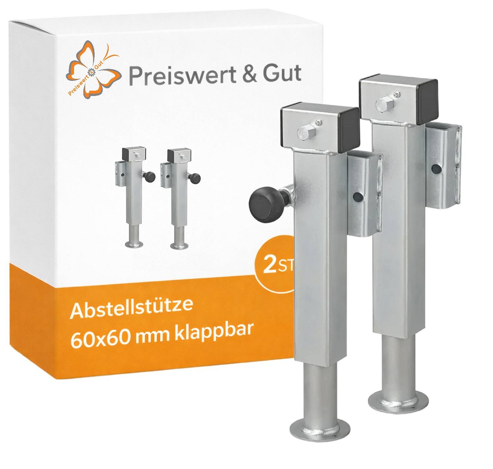 Zwei verstellbare Metallstützen neben einer Box mit einem Schmetterlingslogo, beschriftet mit 'Preiswert & Gut Abstellstütze 60x60 mm klappbar, 2 St.