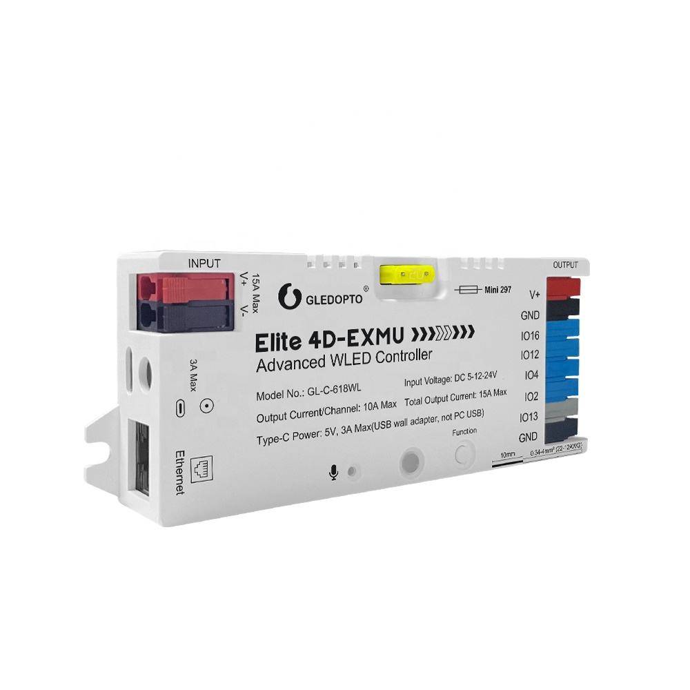 Elite 4D-EXMU Advanced WLED Controller, Modell CL-C-618W, unterstützt DC 12-24V Eingangsspannung, mit maximaler Ausgangsstromstärke von 10A und Type-C Stromversorgung.