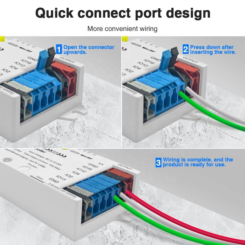 Schnellverbindungsanschluss-Design' Diagramm. Schritt 1: Anschluss anheben, Schritt 2: Draht einführen, Schritt 3: Herunterdrücken, Verkabelung abgeschlossen.