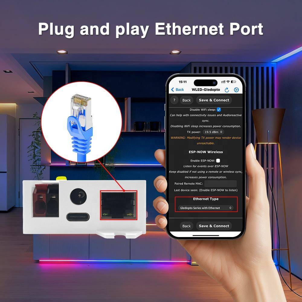 Ein Smartphone zeigt WLED-Einstellungen neben einem Router mit angeschlossenem Ethernet-Kabel. Text darüber liest sich: 'Plug-and-Play-Ethernet-Port'.