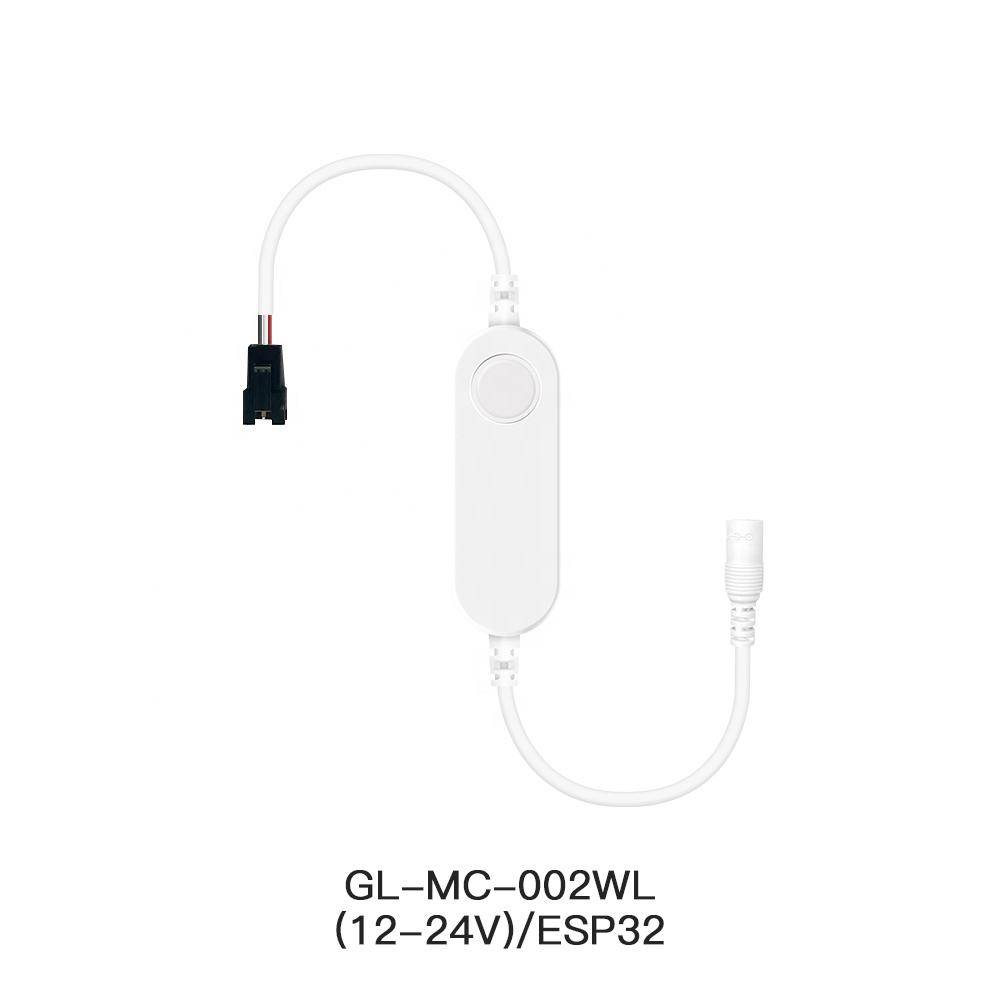 Ein weißer LED-Lichtregler mit einem kreisförmigen Knopf, beschriftet mit 'GL-MC-002WL (12-24V)/ESP32', mit Eingabe- und Ausgabekonnektoren.