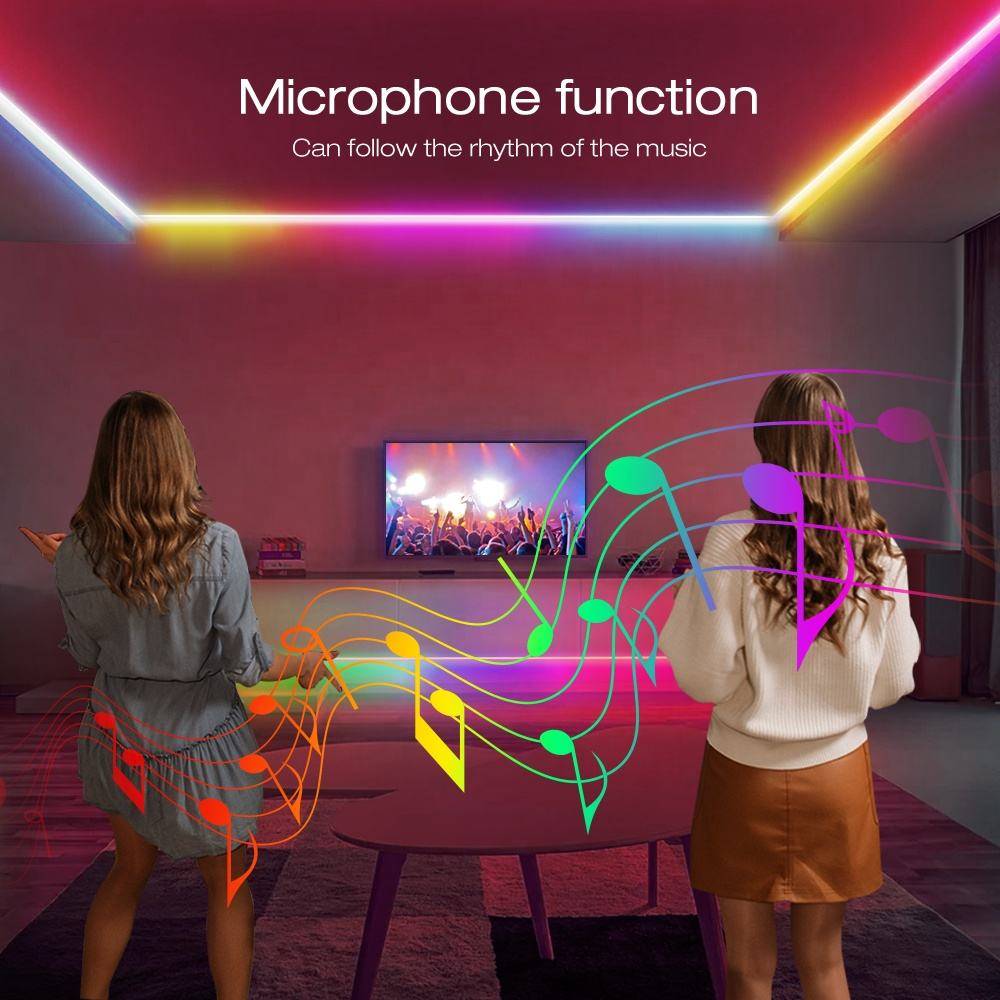 Zwei Personen in einem Raum mit farbiger Beleuchtung und Musiknoten, die ein Konzert auf einem Fernsehbildschirm verfolgen, mit dem Text: Die Mikrofonsfunktion kann dem Rhythmus der Musik folgen.