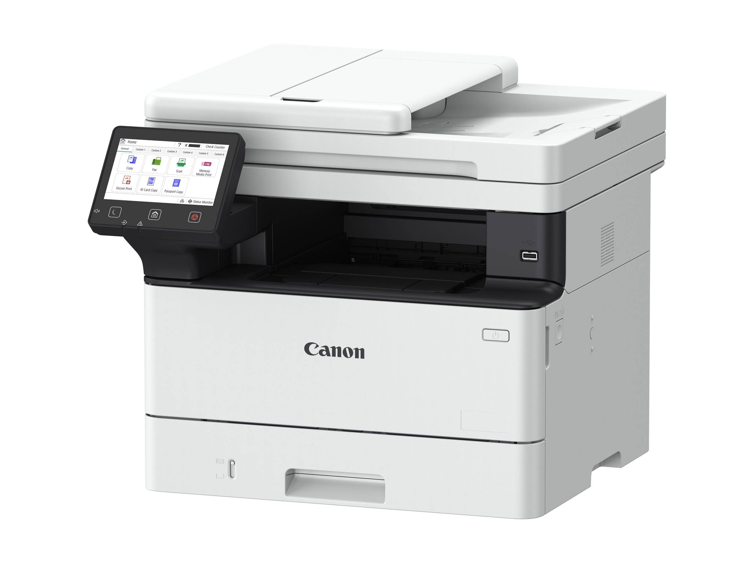 Weißer Canon Multifunktionsdrucker mit Touchscreen-Bedienfeld und Papierscanner-Deckel oben.