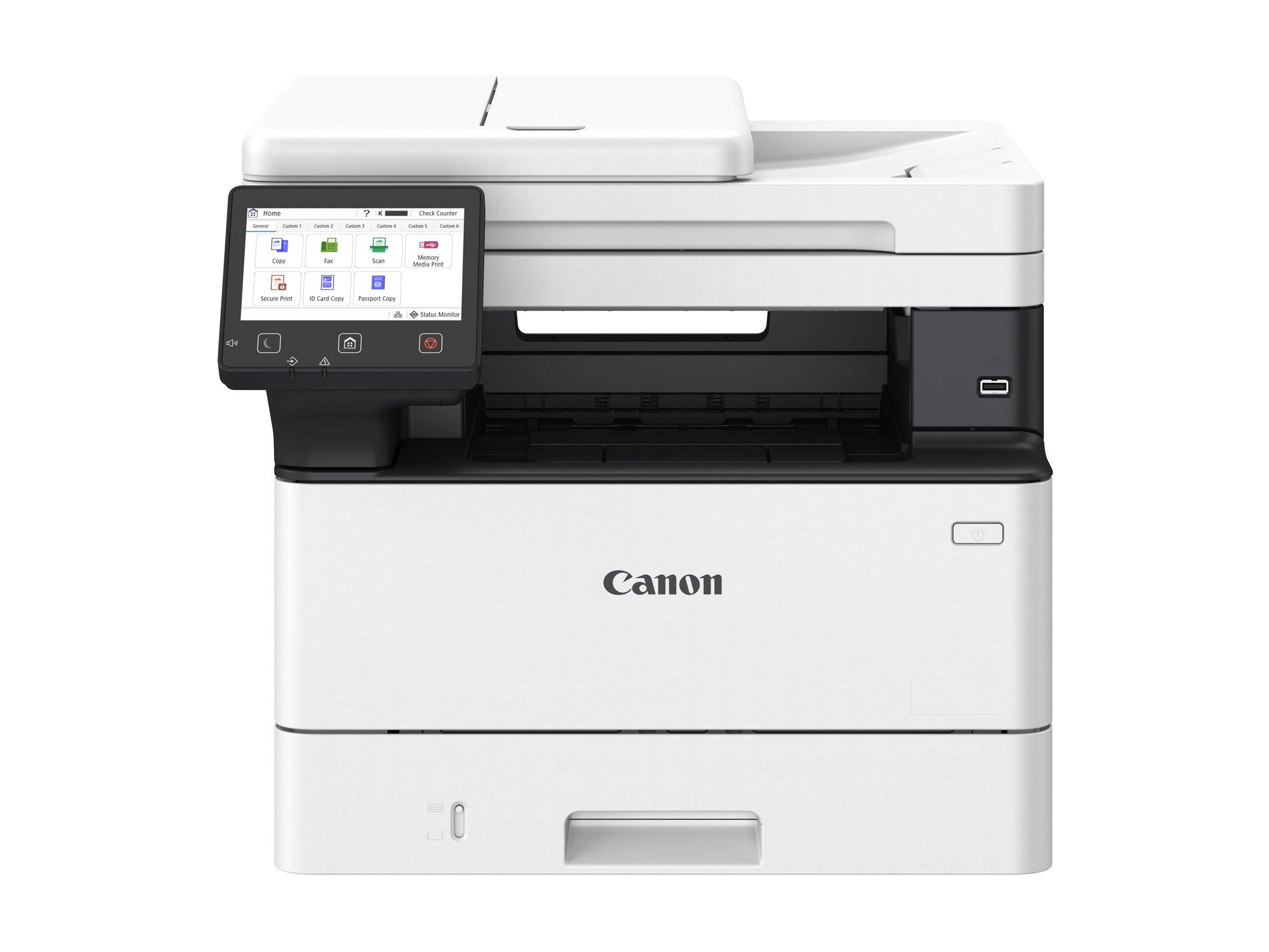Ein weißer Canon-Drucker mit einem digitalen Touchscreen-Display, das verschiedene Symbole für Druck-, Scan- und Kopierfunktionen zeigt.