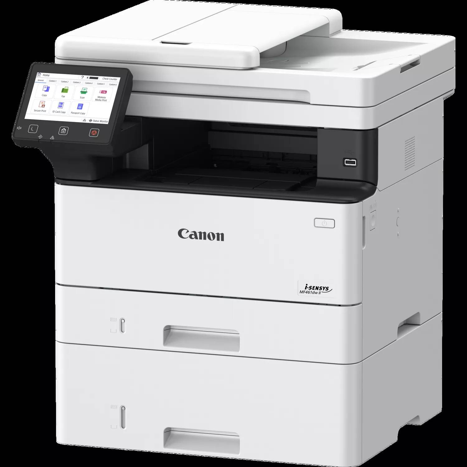 Weißer Canon Multifunktionsdrucker für das Büro mit Touchscreen-Bedienfeld und zwei Papierfächern.