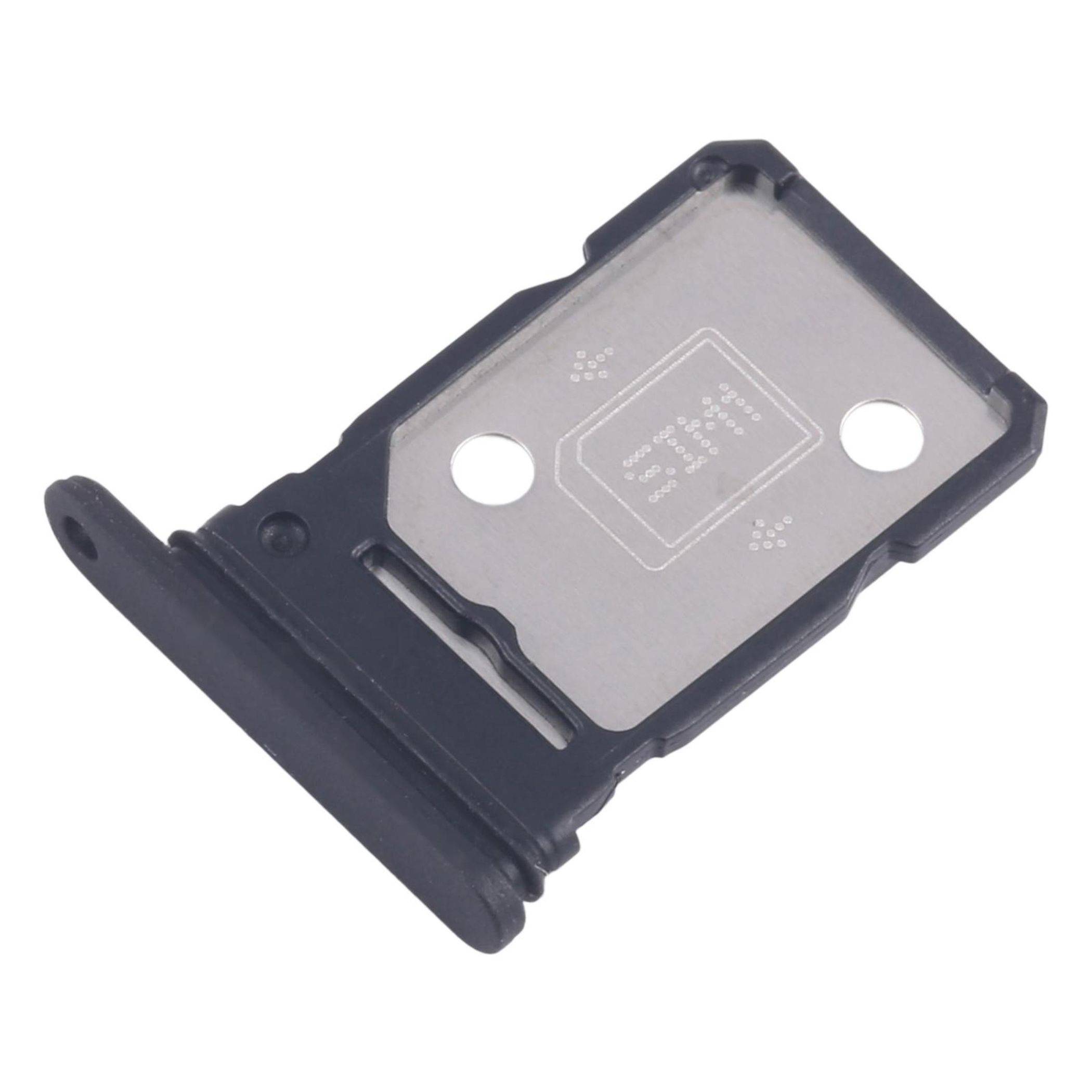 Eine Metallhalterung für eine SIM-Karte eines Smartphones mit zwei kreisrunden Öffnungen, eine für die SIM-Karte und eine möglicherweise für eine Speicherkarte.