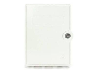 Weißer Kunststoff-Kontrollkasten mit einem Schlüsselschloss auf der rechten Seite.