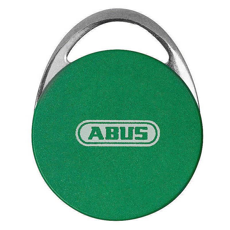 Ein grüner runder ABUS-Vorhängeschloss mit einer silbernen Bügel-Schlaufe, auf dem das Markenlogo prominent in der Mitte zu sehen ist.