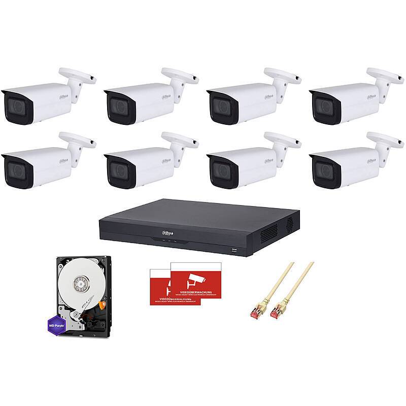 Dahua Set IP 8x Bullet 4MPx PoE + 16-CH NVR, Set-Inhalt:2x Aufkleber, NVR Rekorder, 8x Bullet Kamera, 2x 4TB Festplatte
