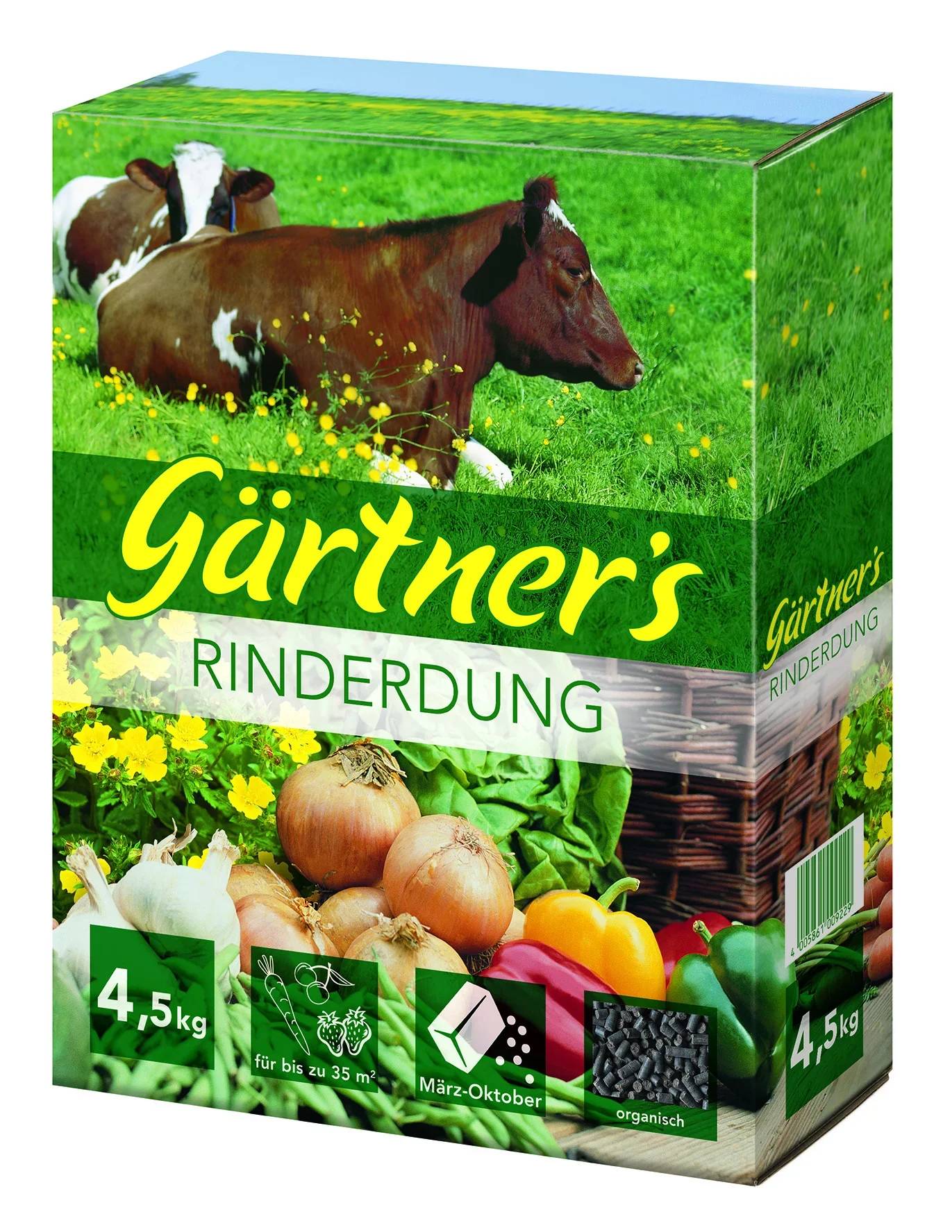 Verpackung von 'Gärtner's Rinderdung' mit Abbildungen von Kühen, Gemüse und Blumen, die eine Menge von 4,5 kg für Flächen bis zu 35 m² anzeigt.