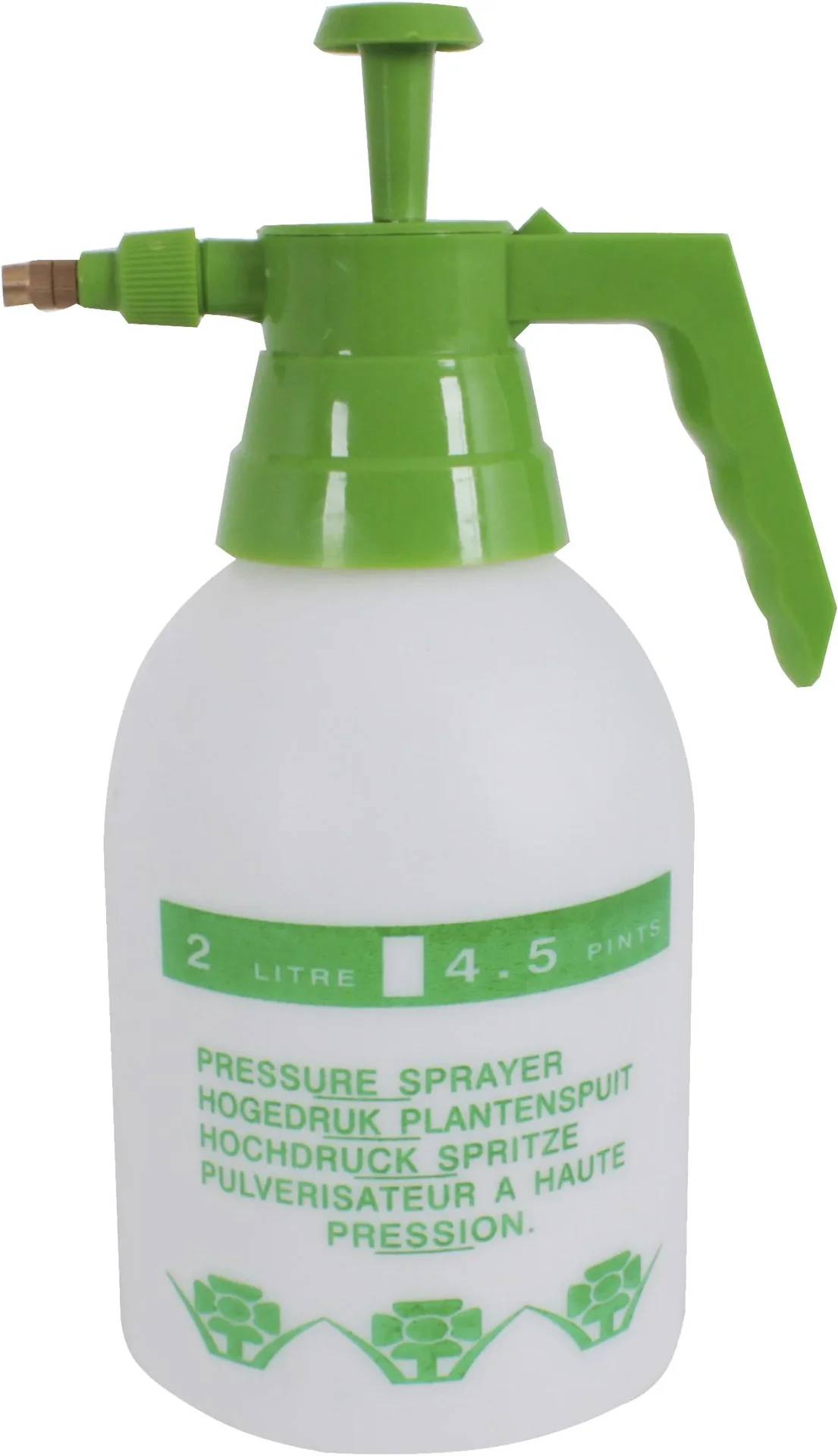 Ein grün-weißer Drucksprüher, gekennzeichnet mit '2 Liter/4,5 Pints'. Die Beschriftung darunter ist in mehreren Sprachen, einschließlich 'Hogedruk Plantenspuit'.