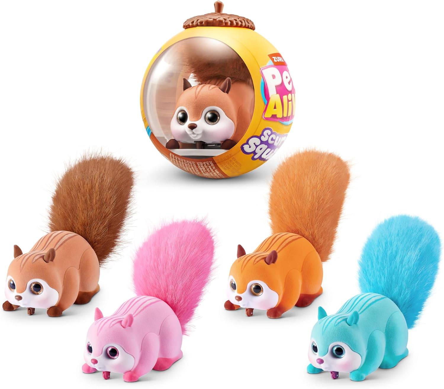 Ein Spielzeugset mit fünf farbenfrohen Cartoon-Eichhörnchen-Figuren in verschiedenen Fellfärbungen und einer ungeöffneten kugelförmigen Verpackung, auf der ein Eichhörnchen abgebildet ist.